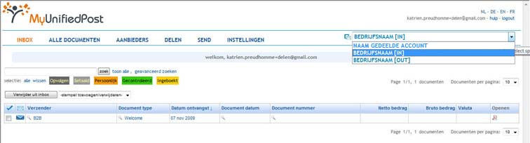 . Figuur 29. Uw MyUnifiedPost account De gedeelde documenten bekijkt u door rechts bovenaan in het drop down menu de naam van de gedeelde account te selecteren.