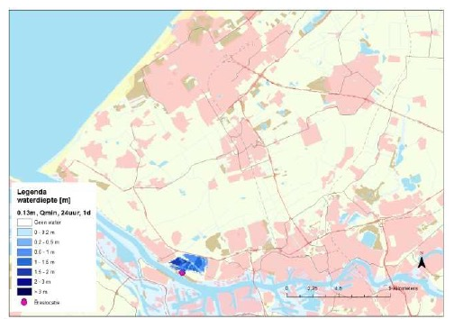 Uit deze beelden volgt dat de waterdiepten kunnen oplopen tot 1 tot 2 meter boven maaiveld in een groot deel van het overstroomde gebied.