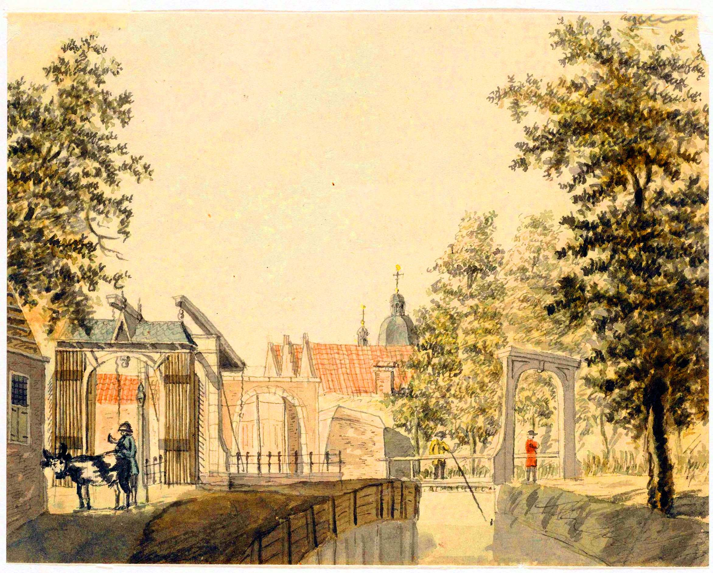 De brug over de Singel werd na de sloop van de stadspoort in 1809 vernieuwd en voorzien van twee zuilen met