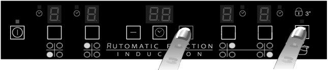 Om de demofunctie in te schakelen gelijktijdig gedurende 5 seconden de keuzetoetsen van de buitenste kookzones indrukken: de wordt op het middelste display weergegeven.