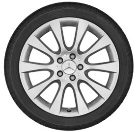 Mercedes-Benz lichtmetalen velgen 8 Zevenspaaks velg 48,3 cm (19 inch), afwerking: titaanzilver Velg: 8,5 J x 19 ET 59 I band: 255/50 R19 A166 401 0802 9765 467,12 8 Tienspaaks velg 45,7 cm (18