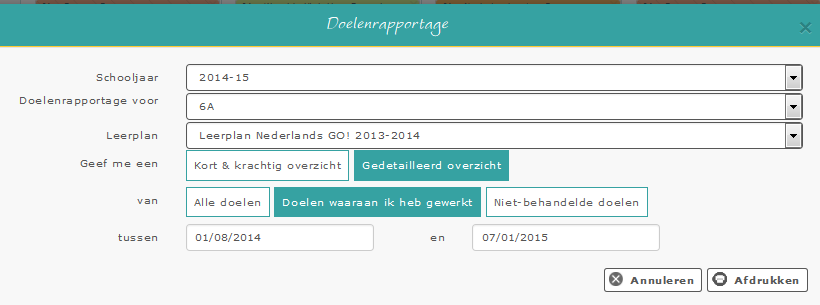 8.2 Doelen afdrukken. Kies het leerplan, kort of gedetailleerd, doelen en data.