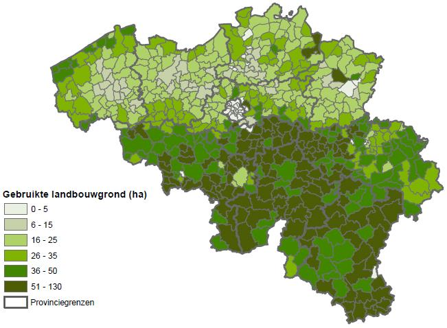 9.4 Land- en bosbouw Gemiddelde oppervlakte van landbouwbedrijven in 2010 Bron: FOD