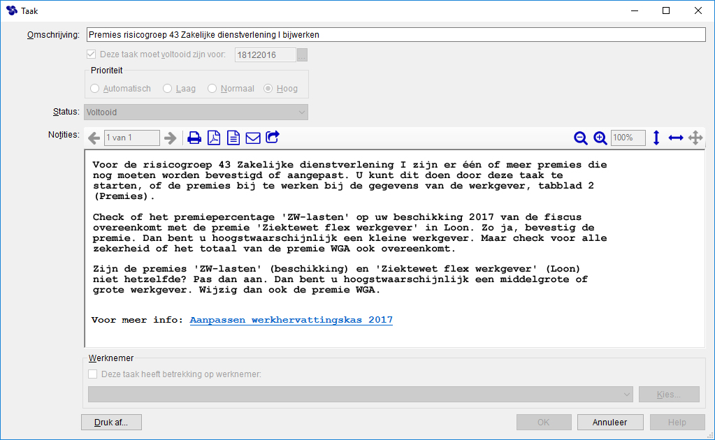 taak' ziet u dit scherm: Afbeelding: Taak, 'Premies