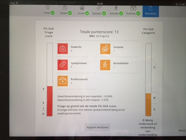 afgenomen Gewichtsverlies (4 ptn) Eet minder dan gewoonlijk (1 p) Klachten bij eten: misselijk, eten smaak niet/anders, diarree (5 ptn) Doet minder dan gewoonlijk, maar hoeft