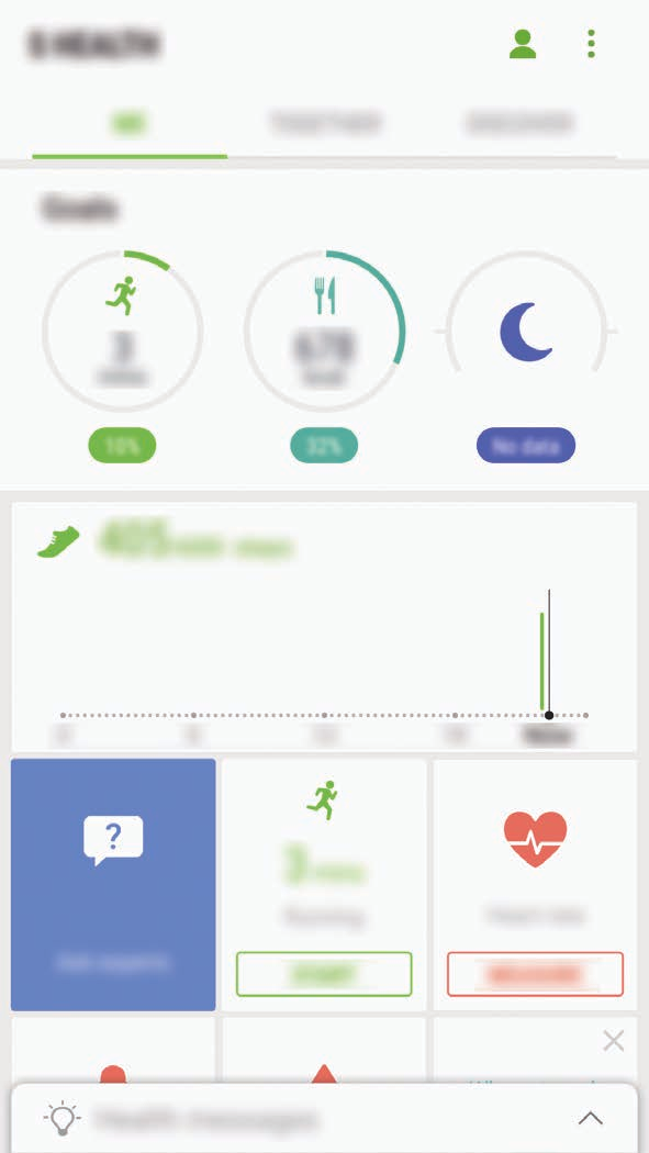 Applicaties S Health gebruiken U kunt de belangrijkste informatie uit S Health-menu's en trackers bekijken om uw gezondheid en fitness te controleren.