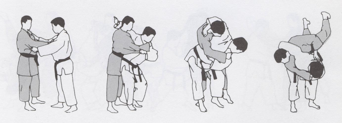 Koshi guruma (rad rond de heup) 4 Uke en Tori rechtover mekaar, gewone kumikata ( zie uki goshi) Tori trekt met zijn linkerhand Uke krachtig naar voor en zet zijn rechtervoet voor de rechtervoet van