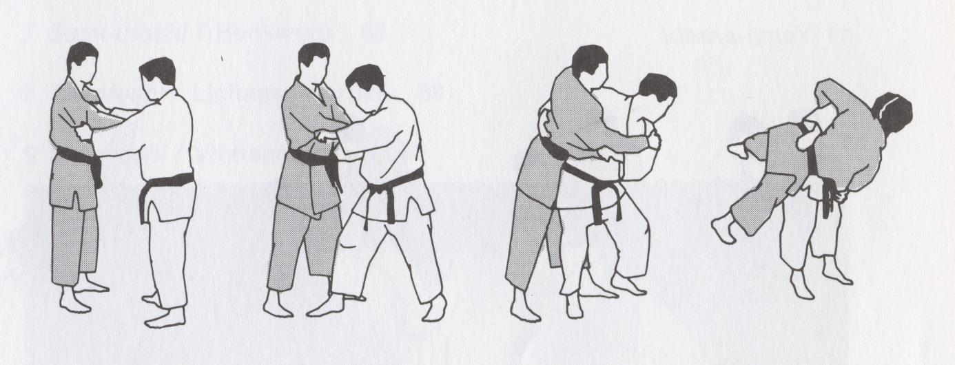 NAGE WAZA (rechtstaand, worpen) Uki Goshi (zwevende heupworp) 1 Uke en Tori rechtover mekaar en hebben beiden gewone kumikata ( manier van vastgrijpen : rechterhand neemt de kraag vast ter hoogte van