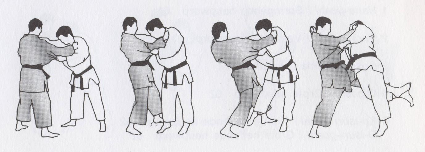 O Uchi gari (grote binnenwaartse maai) 3 Uke en Tori rechtover mekaar, gewone kumikata ( zie Uki goshi) Tori duwt met zijn rechterhand op de linkerschouder tegen Uke zodat Uke links achterwaarts uit
