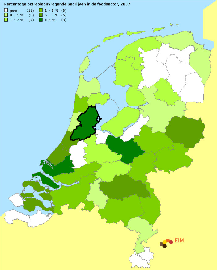 Figuur 6 Percentage octrooiaanvragende bedrijven in de foodsector (2007) Bron: EIM o.b.v. KvK/NL Octrooicentrum, 2011. 4.