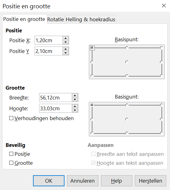Positie en grootte Open het dialoogvenster Positie en grootte en klik op het tabblad Positie en grootte (Afbeelding 10) om de juiste waarden in te stellen.