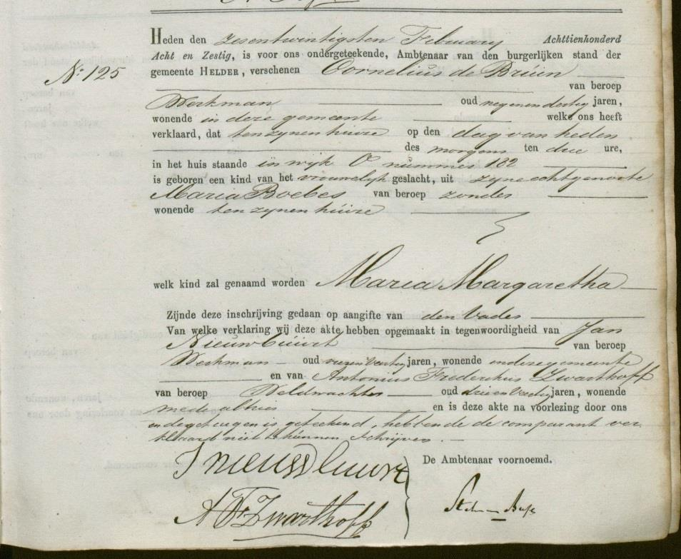 Maria Boebes In het bevolkingsregister van Den Helder vinden we dat Maria Boebes werd geboren op 5 oktober 1833 in Gorinchem.