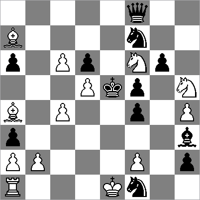 Net zo verrassend is het spel en het tegenspel. Wit dreigt nu 2. Pd6+ Kxe5 3.Pe4+ Kd5 4.Pf6++ of 2.Pd6 Kg5 3.Lc7 L~ 4.Ld8. Maar zwart heeft een prachtige verdediging.