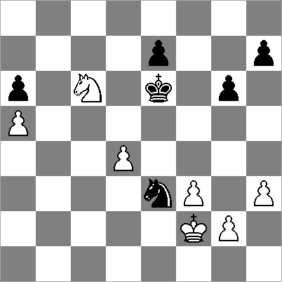 Kd3 kan het paard weer naar b2. 43.Kc3 Pe3 44.g4 Ik had hier al niet zo veel tijd meer en speelde op de automatische piloot. 23.Lxf4?