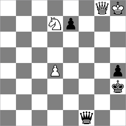 d5!; en niet 68...Dg6?? wegens 69.Df3+ Kg5 (69...Ke6 70.Dc6 mat) 70.Pf7+. Maar na 68 De6! heeft hij nog steeds goede remisekansen, bv. 69.Df3+ Kg6 70.Pg8 h3! etc. 58...Kxh3? 58...f3 59.Kf7 f2 60.