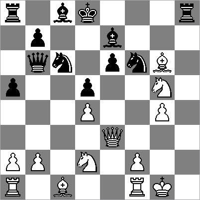 g5 bedreigt het paard op f3 en a5 voorkomt het verschijnen van een paard op b3. 9...cxd4 10.cxd4 g5 is een suggestie van Watson. 10.h3 h5 11.g4 hxg4 12.hxg4 Db6 13.De3 cxd4 14.