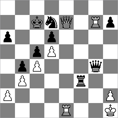 is weer eeuwig schaak!] 34...Df5 35.Kg1! De beste zet. Rustig het derde eeuwig schaak via Tf1+ ontkomen. 35...Tf4 36.De6! Het schaakje.