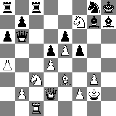 17.Pg5 met dreiging Pxf7 mat is wel heel doorzichtig natuurlijk. Na 17.h6 Lf8 staat zwart ook redelijk aangekrant maar ik zag niet zo goed hoe het dan verder moest. 17...fxg6 18.g3 Pce7?
