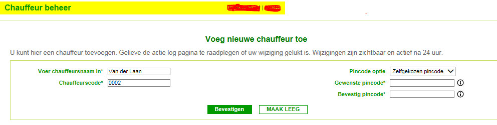 Kiest u voor de zelfgekozen pincode, dan dient u deze code twee keer in te voeren. Klik ten slotte op Bevestigen om de toevoeging van de nieuwe chauffeur te bevestigen.