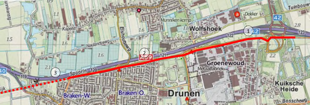 4.2.3 Deel Drunen Het Drunens deel verloopt parallel aan de A59. Op het oostelijke deel is fietsinfrastructuur aanwezig (zie figuur 15 punt 1), op het westelijk deel (2) nog niet.