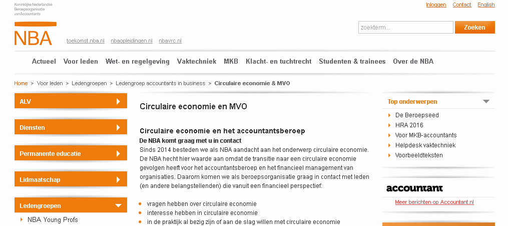 Opdracht projectgroep NBA is om dit verder te onderzoeken: Welke gevolgen heeft de transitie naar een circulaire economie voor het accountantsberoep en het financieel management?