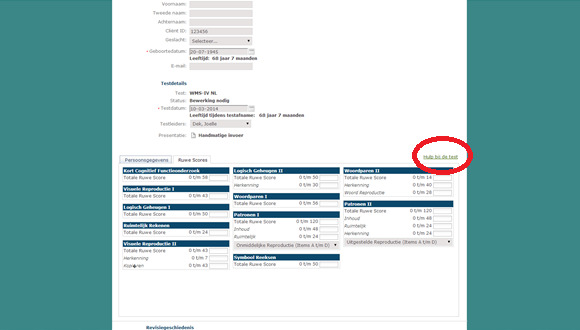 SCORE INVOER U kunt kiezen voor Hulp bij de test voor meer informatie
