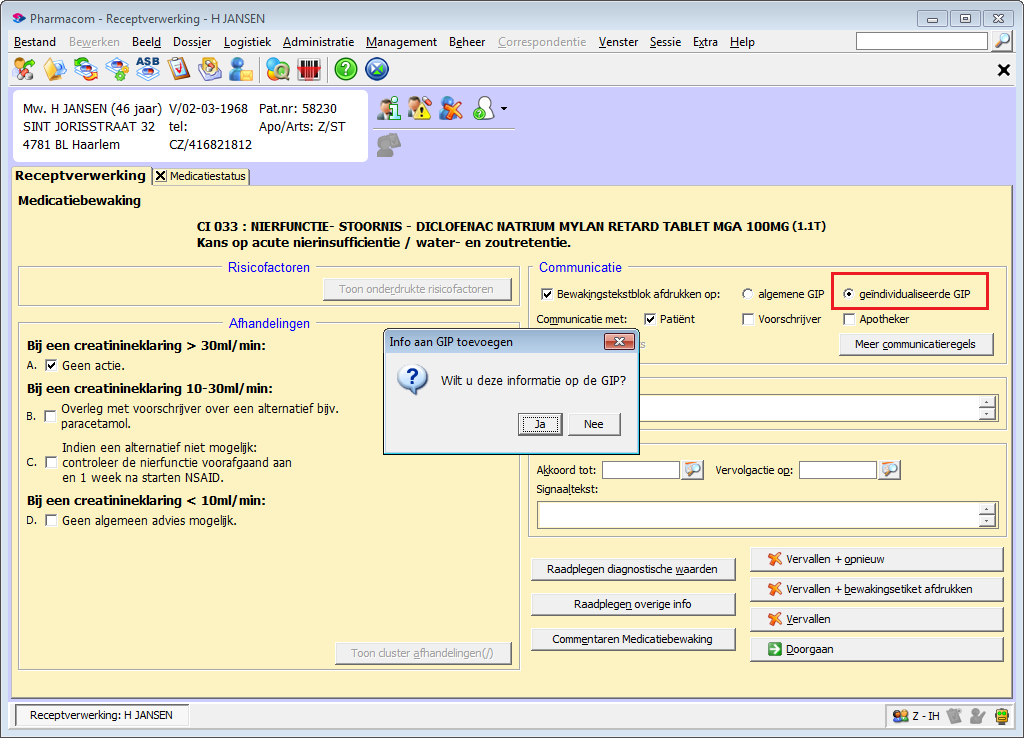 Handleiding Versie 2014-8 8 Als u werkt via de CeHC, dan opent per GIP direct het printscherm waarmee u deze afdrukt. 1.2.1 Instelling geïndividualiseerde GIP Als u in het menu Beheer Praktijk de parameter geïndividualiseerde GIP heeft ingesteld, dan ziet u dit terug tijdens de receptverwerking.