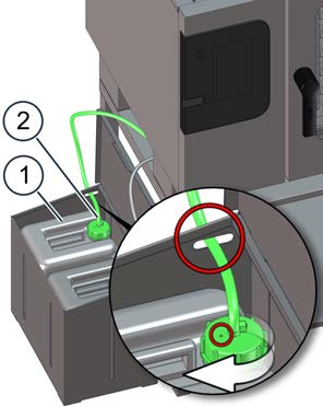 5 Zo gaat u te werk bij het reinigen 3. Zet de nieuwe, gevulde jerrycan (1) met het afwasmiddel gereed. Steek de (groene) toevoerslang met de lans (2) in de volle jerrycan (1) en schroef hem vast.