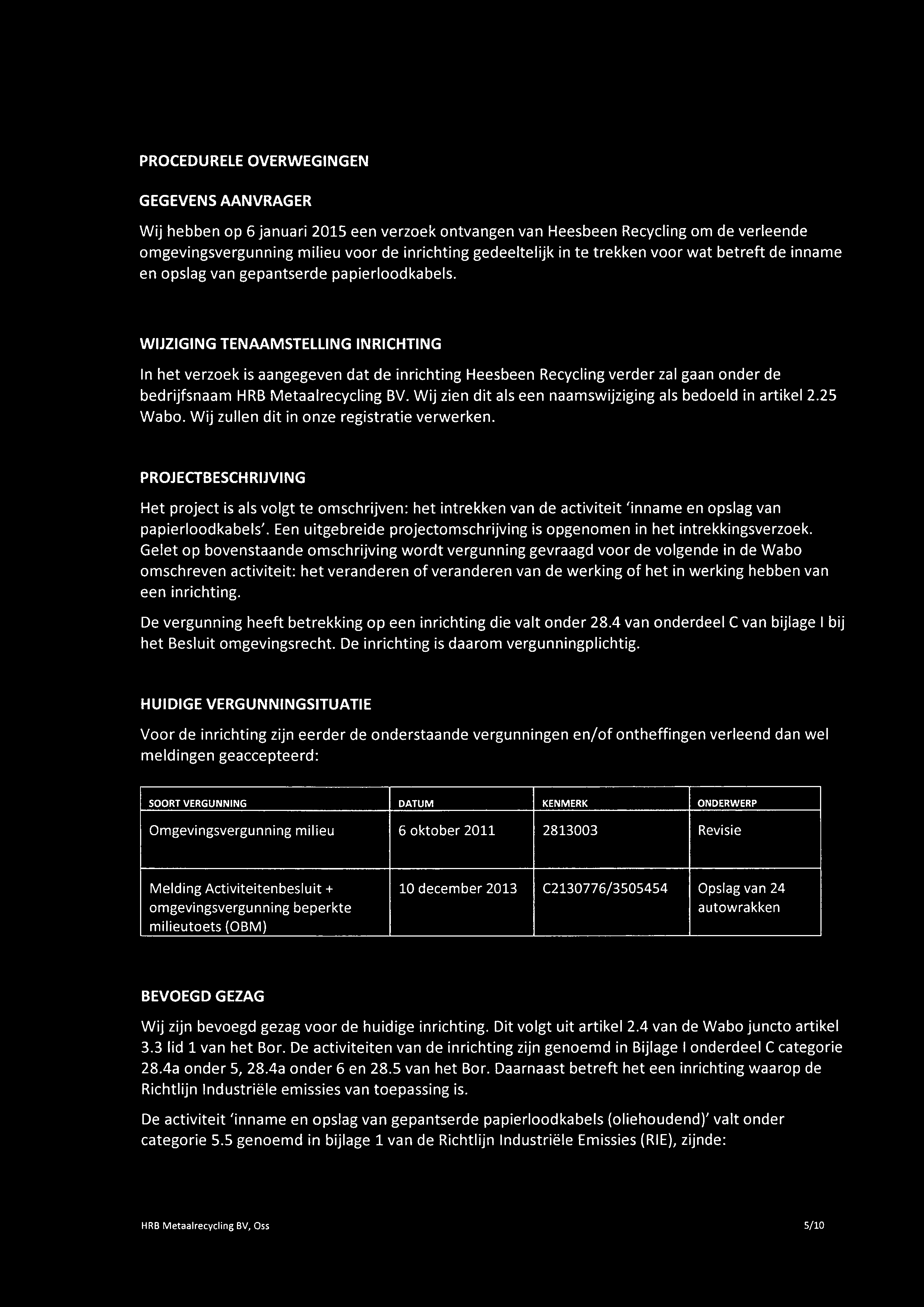 WIJZIGING TENAAMSTELLING INRICHTING In het verzoek is aangegeven dat de inrichting Heesbeen Recyclingverder zal gaan onder de bedrijfsnaam HRBMetaalrecycling BV.