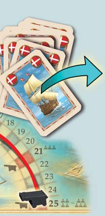 Bereikt of passeert het kanon op het schepenspoor het veld 21 (in een spel met 3 spelers) of het veld 25 (in een spel met 4 of 5 spelers), dan vallen de piraten de grootste Oost-Indische compagnie