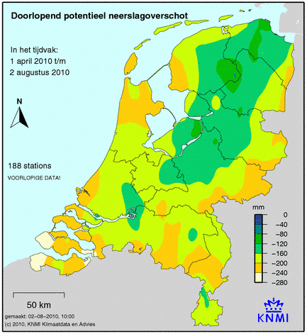 Neerslagtekort Het neerslagtekort (neerslag minus verdamping) wordt gemeten vanaf 1 april, het begin van het groeiseizoen. De afgelopen week is het neerslagtekort iets afgenomen tot 193 mm.