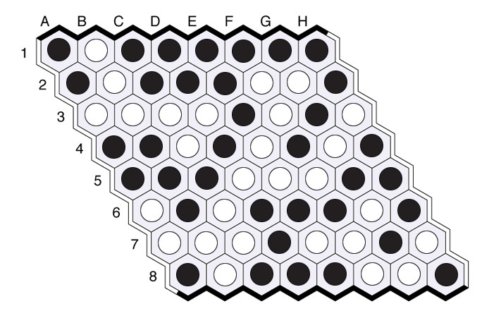 Het einde van het spel Stel we plaatsen een steen in elk zeshoekje, met een willekeurige kleur.