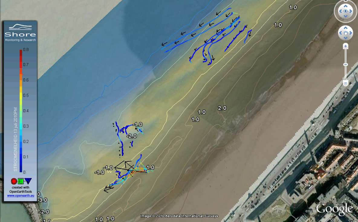 Meting 13 juli afgaand getij Een paar maanden na de aanleg van de suppletie is op het surfstrand een stelsel van zwinnen en zandbanken ontstaan.