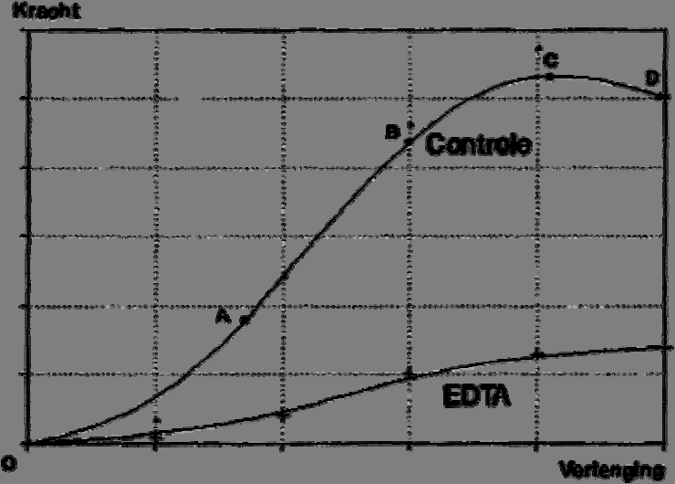 Figuur 7. Effekt op het trek-verlengingsdiagram van collageen bindweefsel van het verwijderen van de matrix met EDTA ( = ethyl diamine tetra-acetaat).