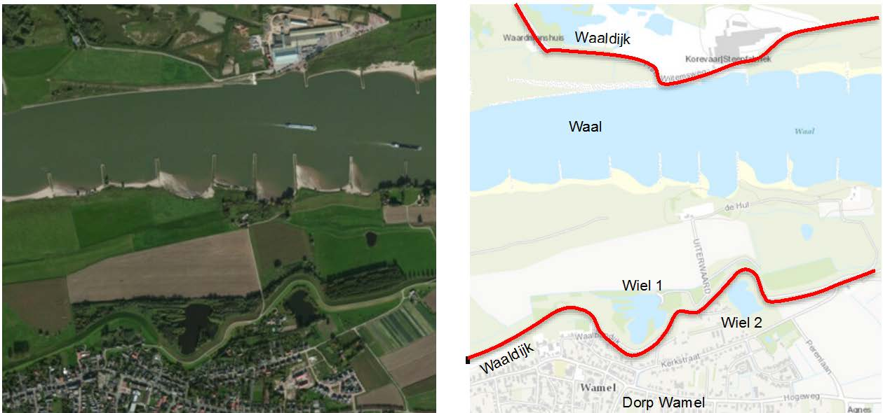 Bron 5: Luchtfoto en kaart van twee wielen langs de Waal, bij het dorp Wamel. 2.2 Overstromingen in het verleden Laten we nu eens kijken wanneer de wielen zijn ontstaan.