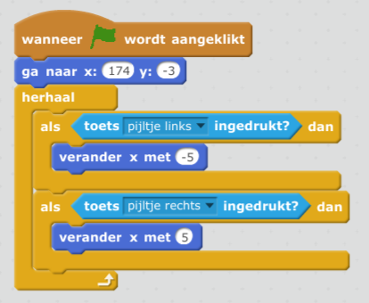 en voeg deze tussen de als.dan actie. In de als toets pijltje links ingedrukt? dan actie voegen we als laatste verander x met -5 actie.