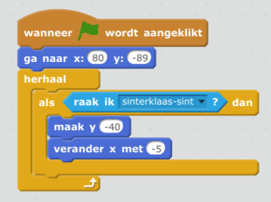 Begin met de actie wanneer groene vlag wordt aangeklikt en plak daaronder de actie ga naar x: 80 y: -89.