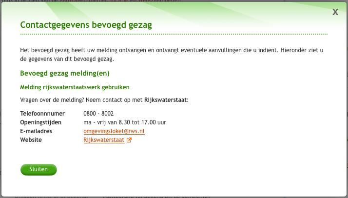 modal panel contactgegevens (ingediende melding) 'Contact met bevoegd gezag' in een