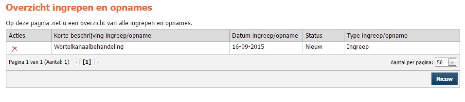 De ingreep/opname wordt nu weergegeven op de overzichtspagina. Komt u erachter dat u de ingreep/opname verkeerd heeft ingevoerd? Helaas kunt u de eerder ingevoerde gegevens niet wijzigen.