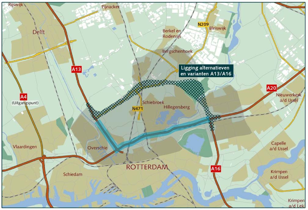 1.2.5 Plangebied, studiegebied en doelgebied Het plangebied voor deze Trajectnota/MER omvat het gebied waarbinnen de tracés van de varianten voor Rijksweg 13/16 liggen.