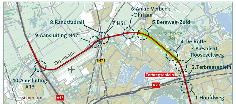 Afbeelding 4.21 Variant 5, overzicht 4.3.5 Variant 5 Bij variant 5 is een tunnel gecombineerd met een gecombineerde ligging. Afbeelding 4.21 geeft een overzicht van deze variant.