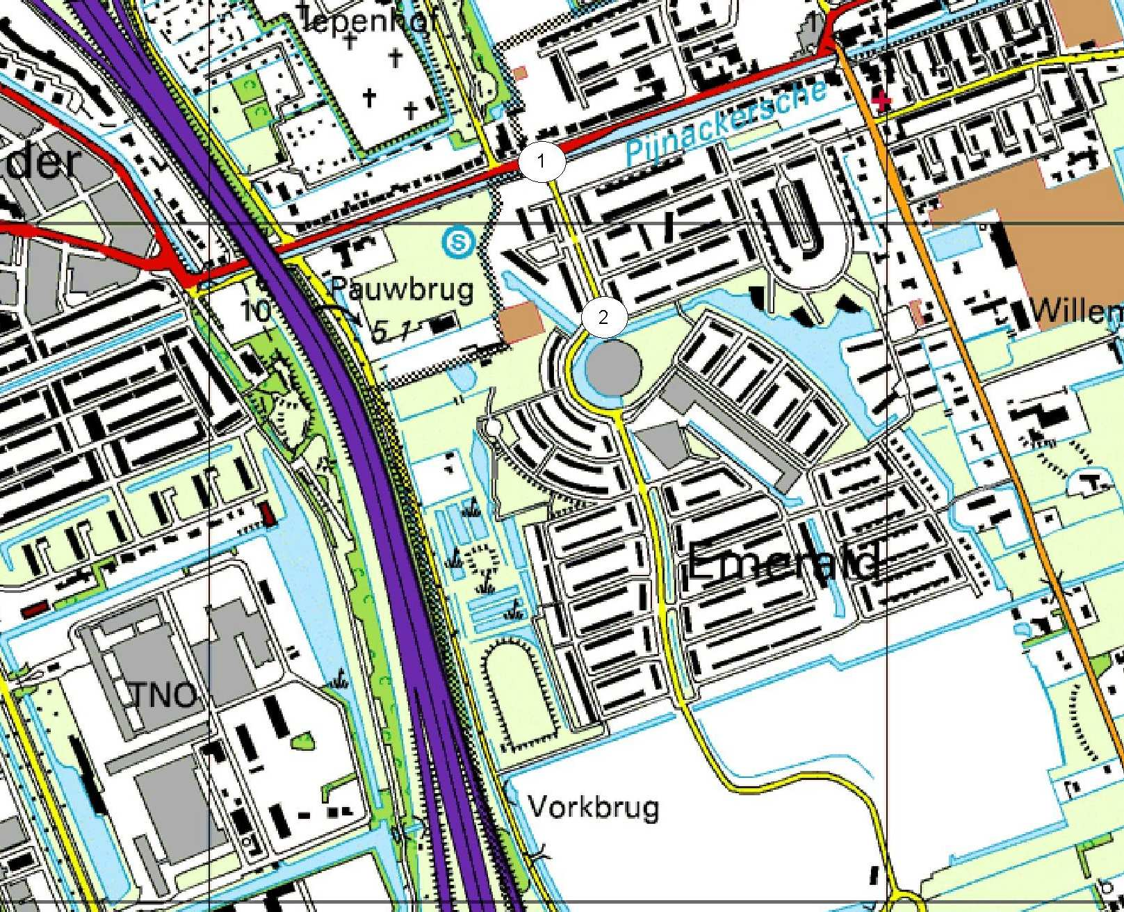 ............................... Figuur 2 Ligging kruispunten (1) Kruispunt Delftsestraatweg / Laan der zeven linden (2) Dynamische wegafsluiting op de Laan der zeven linden Het kruispunt wordt