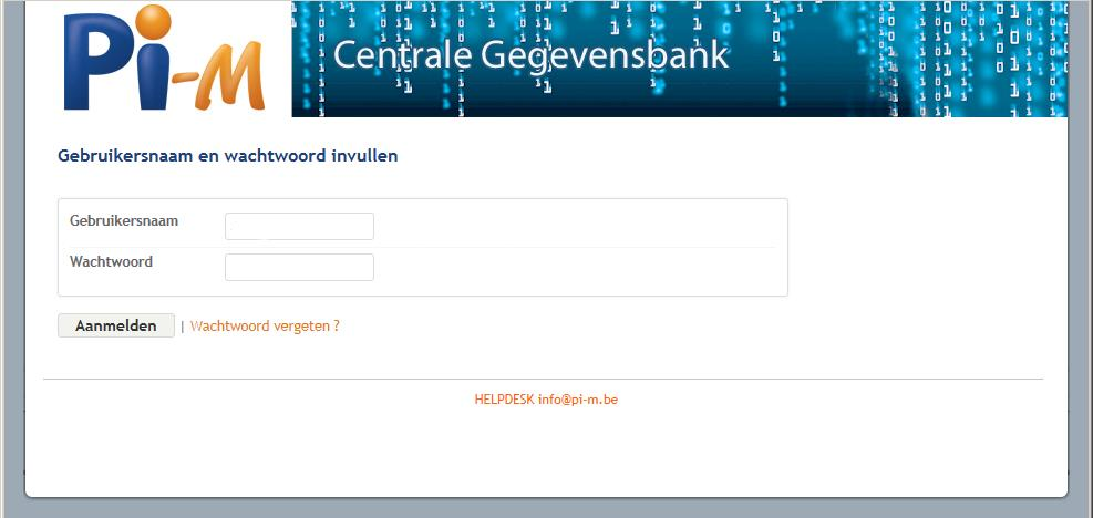 Open nu je browser (Internet Explorer, Firefox, Chrome) en surf naar www.pi-m.be om de Centrale Gegevensbank te openen.