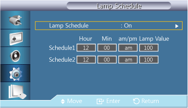 Het LCD-scherm aanpassen Lamp Schedule Auto wordt uitgeschakeld in de HDMI-modus.
