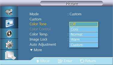 Mode 3 Het contrast wordt verhoogd tussen donkere en heldere kleuren. Color Tone Niet beschikbaar als Dynamic Contrast is ingesteld op On.