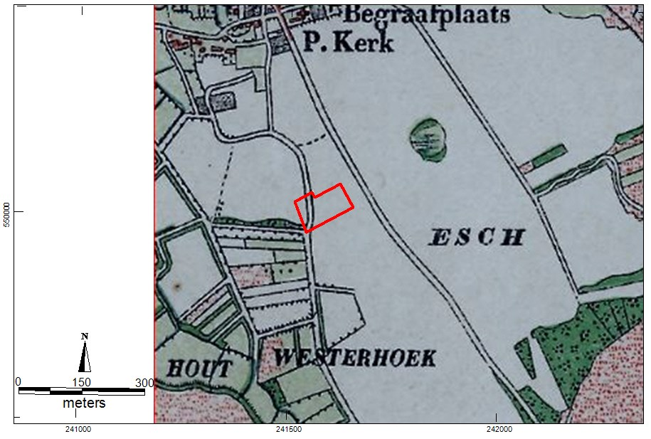 Afbeelding 4. Plangebied geprojecteerd op een Bonneblad uit 1898. 3.4 Archeologische gegevens Informatie uit Archis (Archeologisch Informatie Systeem) is weergegeven in afbeelding 5.