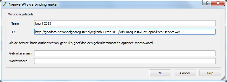 Druk op de knop WFS-laag toevoegen (links op het scherm). Klik op Nieuw en geef een naam op voor de verbinding, bijvoorbeeld buurt2013.