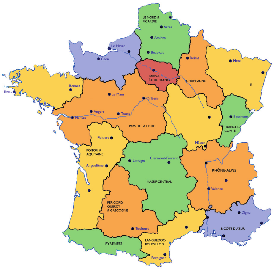 On découvre Les curiosités de la France Telex Frankrijk bestaat uit 26 regio s, opgedeeld in 100 departementen. - De totale oppervlakte van Frankrijk is 543 965 km 2.