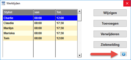 Werktijden opvragen Via de knop in het afsprakenboek past u de werktijden van het personeel van