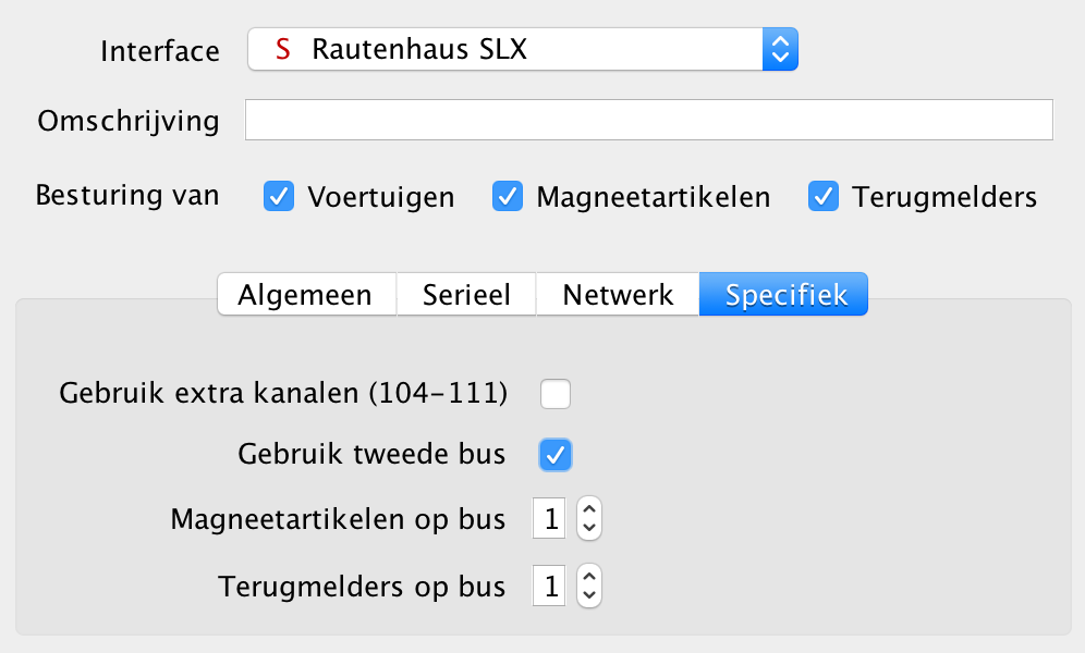 Selectrix Deze sectie bevat een lijst met alle interfaces die de SX-bus van Selectrix ondersteunen. Selectrix Dit interface is het originele Selectrix protocol met één SX-bus.